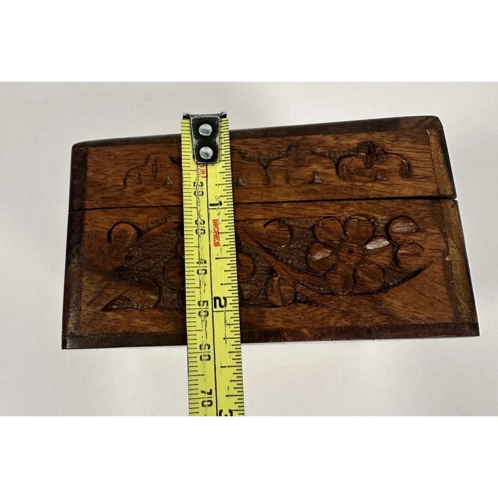 Carved Wood Trinket Jewelry Box Square Inlay Floral Made in India 4